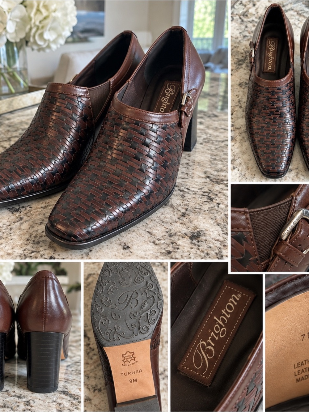 Brighton Dark Brown Woven Leather Block Heel Booties with Buckle